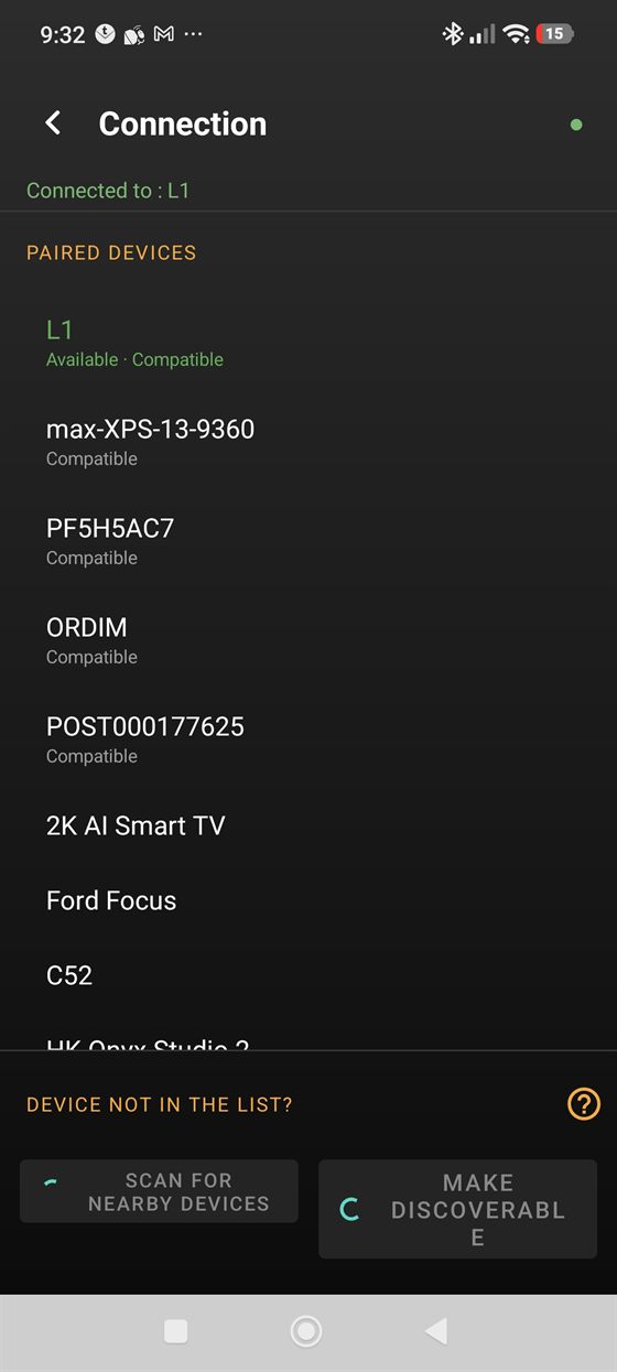 MoveMouse connection screen listing paired and nearby Bluetooth devices such as laptops, PCs and smart TVs