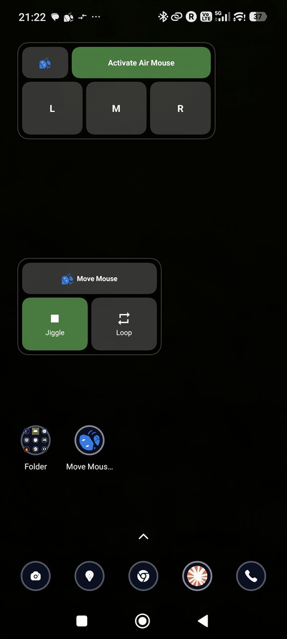 MoveMouse home-screen widgets including a one-tap mouse jiggler that keeps the PC awake with automatic cursor movement